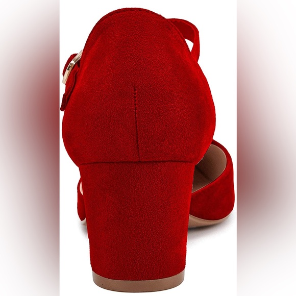 Huiyuzhi Womens T-Strap Pumps Pointed Toe Ankle Buckle Chunky Block Heel red - Picture 3 of 3